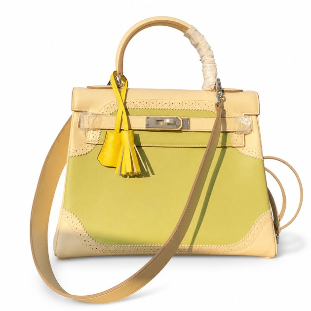 Kelly Sellier Ghillies 28cm Craie & Vert Pomme Barenia Leather Palladium Hardware — Versatile Structured Bag