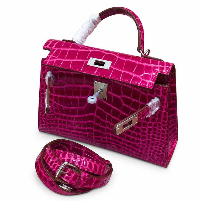 Kelly Sellier 19cm Fuchsia Shiny Crocodile Leather Gold Hardware & Palladium Hardware — Versatile Structured Bag