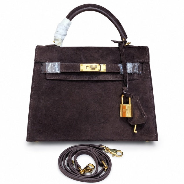 Mini Kelly Sellier 22cm Ebene Suede Leather Gold Hardware — Versatile Mini Carry Design