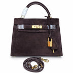 Mini Kelly Sellier 22cm Ebene Suede Leather Gold Hardware — Versatile Mini Carry Design