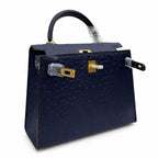 elly Sellier 25cm Bleu Nuit Ostrich Gold Hardware Luxury Commute — Timeless Top-Handle Design