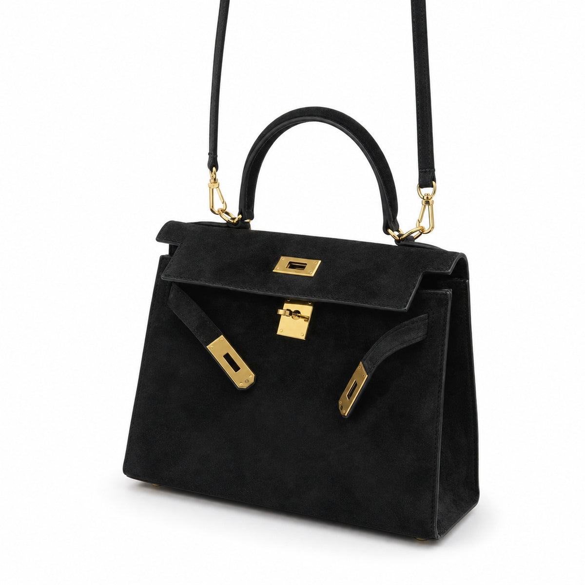Kelly Sellier 22cm Noir Suede Leather Gold Hardware — Polished Structured Handbag