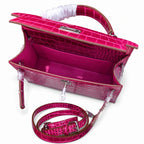 Kelly Sellier 22cm Fuchsia Shiny Crocodile Leather Gold Hardware & Palladium Hardware — Streamlined Top-Handle Handbag