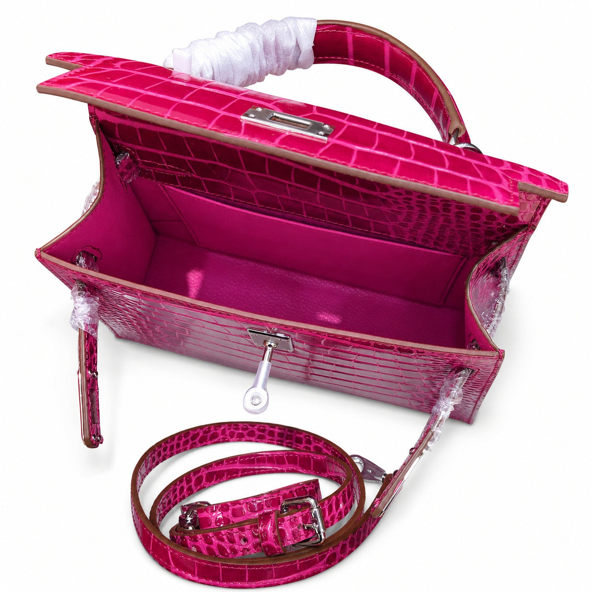 Kelly Sellier 22cm Fuchsia Shiny Crocodile Leather Gold Hardware & Palladium Hardware — Streamlined Top-Handle Handbag