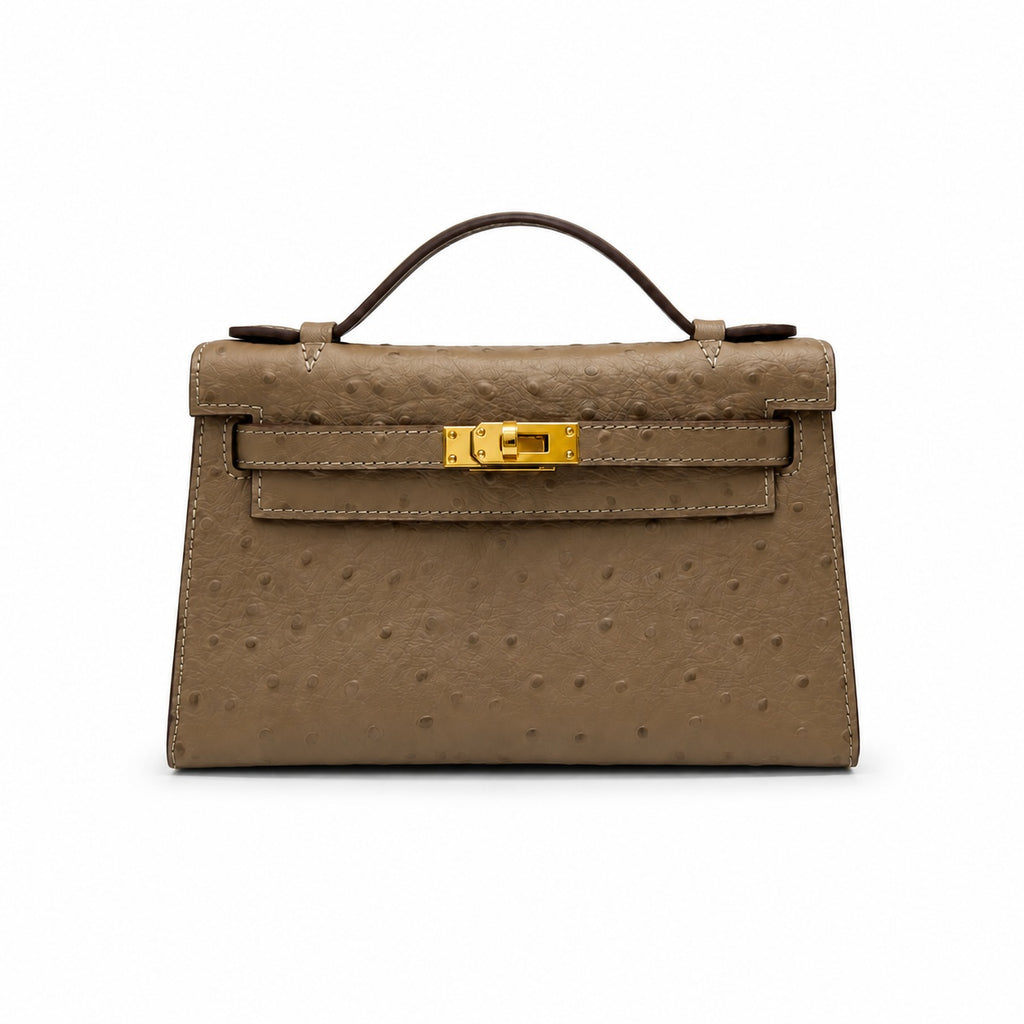 Mini Kelly II Sellier 19cm & 22cm Etoupe Ostrich Leather Gold Hardware — Elegant Compact Carry Style