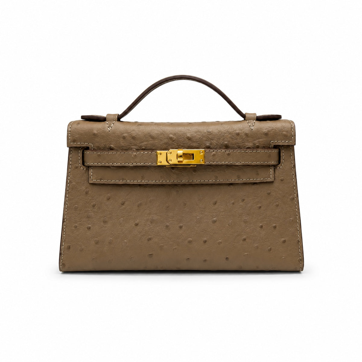 Mini Kelly II Sellier 19cm & 22cm Etoupe Ostrich Leather Gold Hardware — Elegant Compact Carry Style