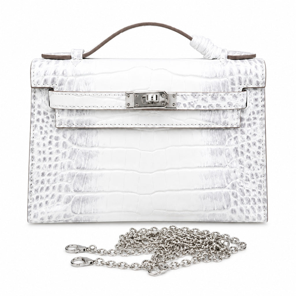 Kelly Pochette Himalaya Niloticus Crocodile Leather Palladium Hardware & Palladium Hardware Women Clutch — Refined Small Hand-Carry Bag