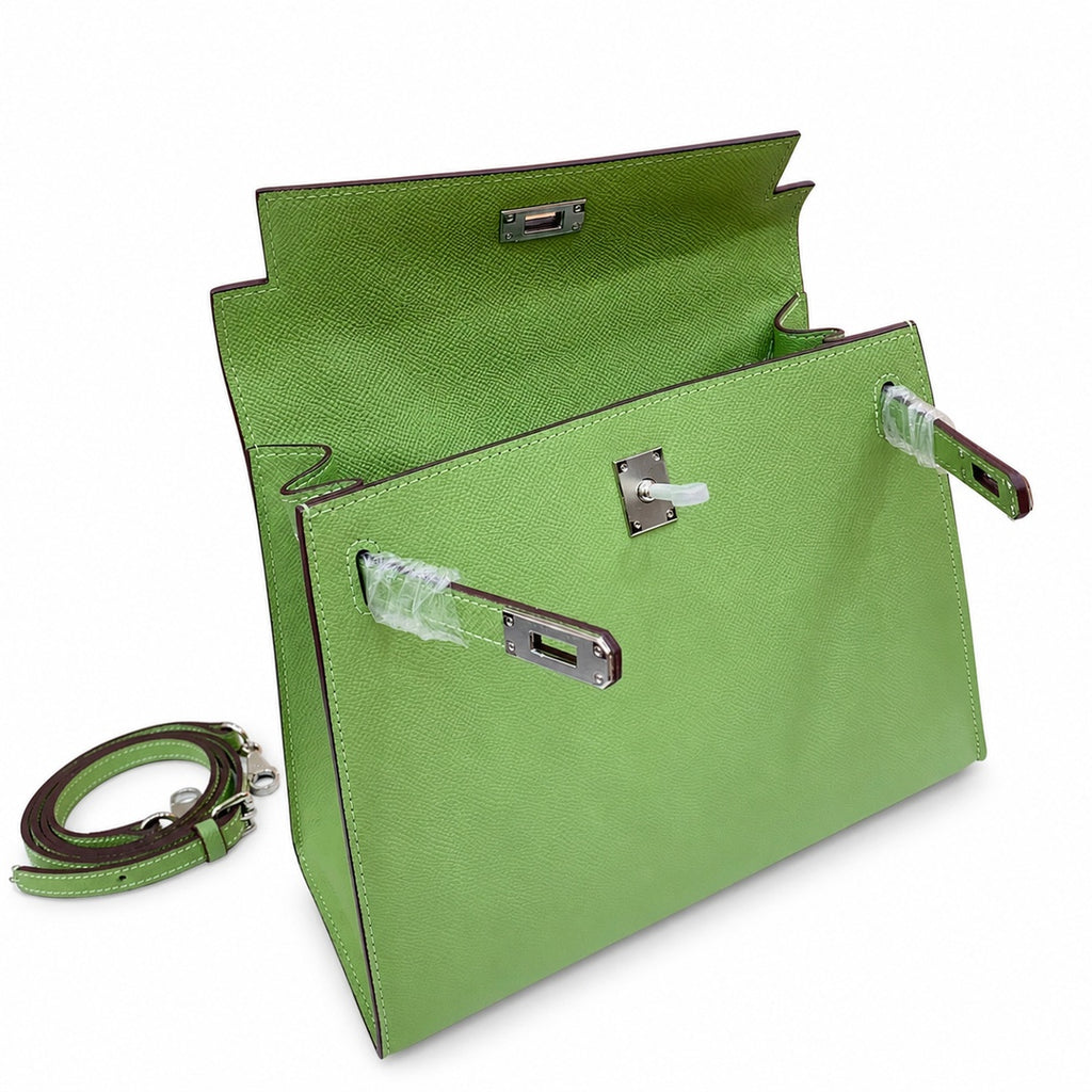 Kelly Sellier 25cm & 28cm Vert Pistache Epsom Leather Palladium Hardware Crossbody — Elegant Structured Carry Style