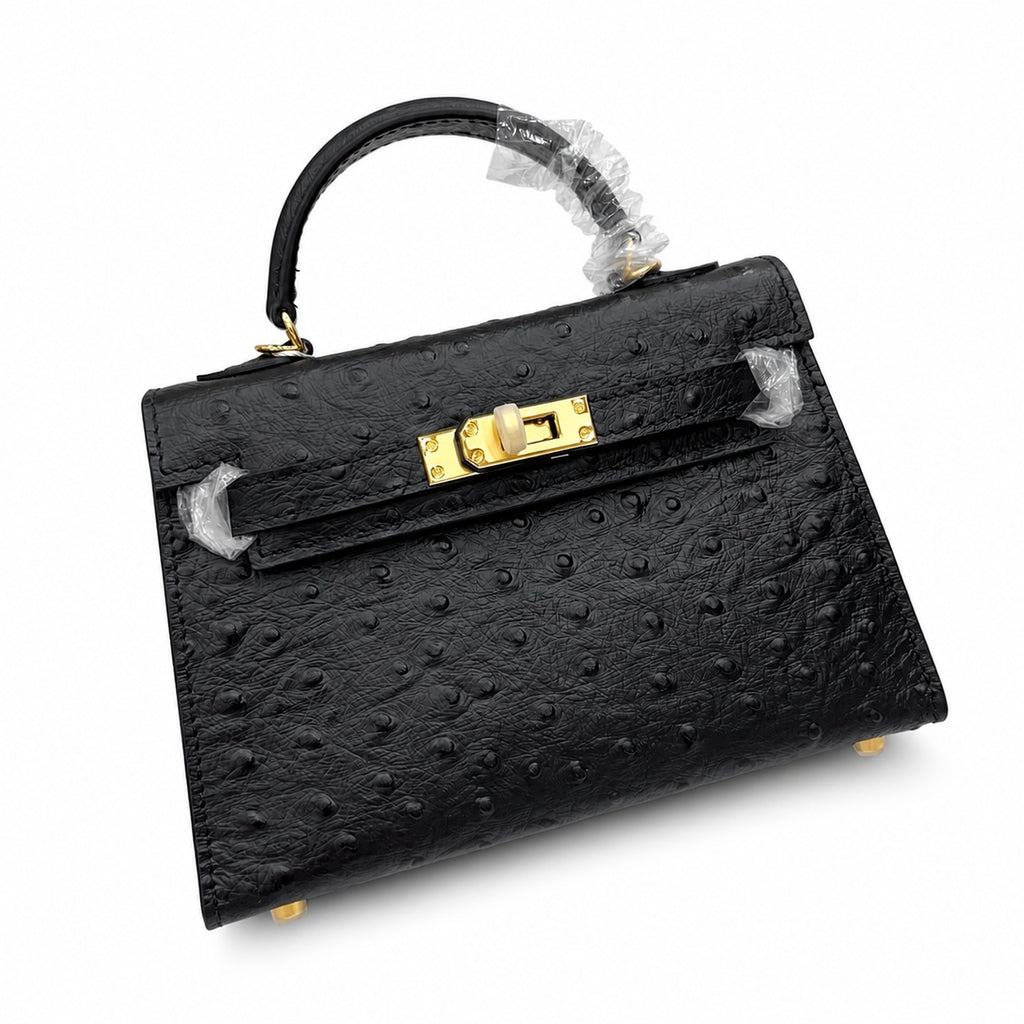 Mini Kelly Sellier 19cm Noir Ostrich Leather Gold Hardware — Sophisticated Small-Scale Bag