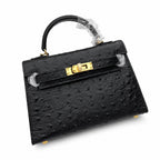 Mini Kelly Sellier 19cm Noir Ostrich Leather Gold Hardware — Sophisticated Small-Scale Bag