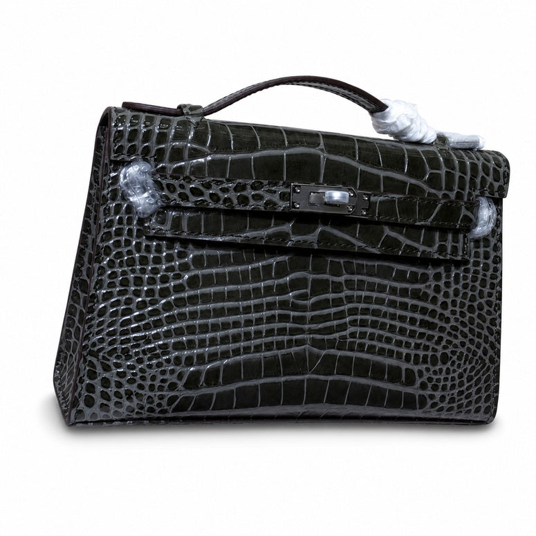 Kelly Pochette Gris Elephant Shiny Niloticus Crocodile Leather Palladium Hardware & Palladium Hardware Women Clutch Bag — Refined Small Hand-Carry Bag