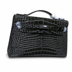 Kelly Pochette Gris Elephant Shiny Niloticus Crocodile Leather Palladium Hardware & Palladium Hardware Women Clutch Bag — Refined Small Hand-Carry Bag