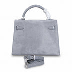 Kelly Sellier 22cm Gris Asphalte Suede Leather Palladium Hardware — Sophisticated Carry Design