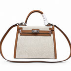 Kelly 25cm Patchwork Canvas and Swift Leather in Warm Brown — Versatile Structured Bag