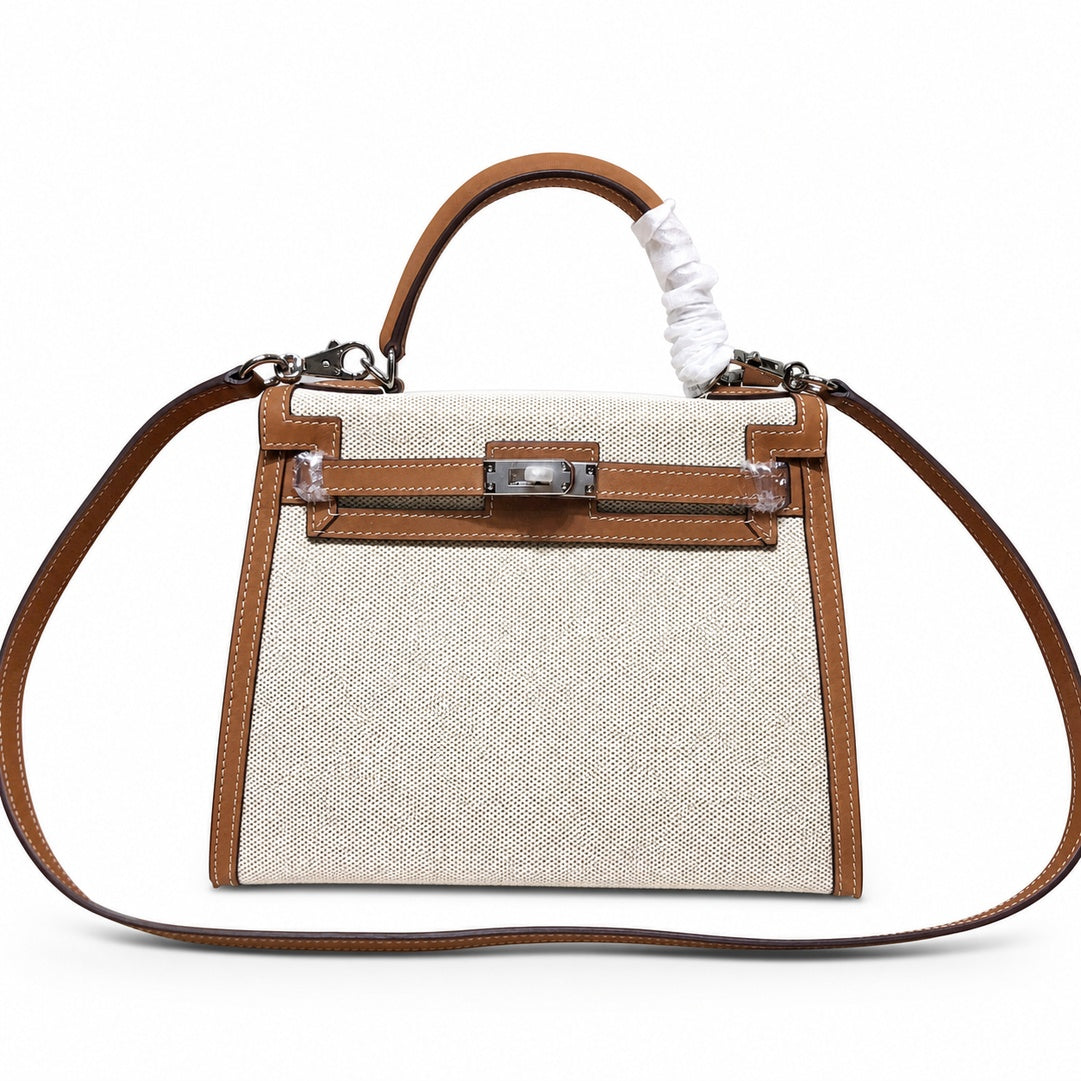 Kelly 25cm Patchwork Canvas and Swift Leather in Warm Brown — Versatile Structured Bag