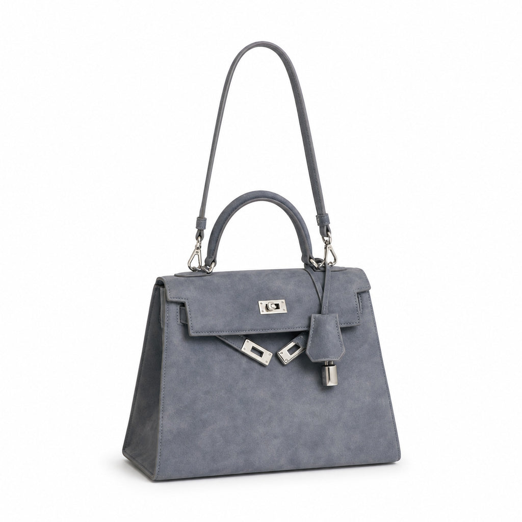 Kelly Sellier 22cm Gris Asphalte Suede Leather Palladium Hardware — Sophisticated Carry Design
