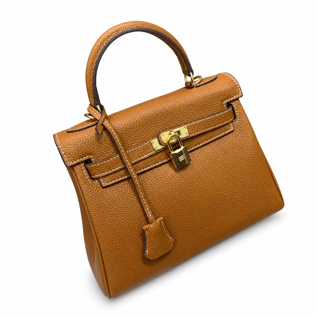 Kelly Sellier 20cm & 25cm & 28cm Gold Togo Leather Gold Hardware — Elegant Structured Carry Style