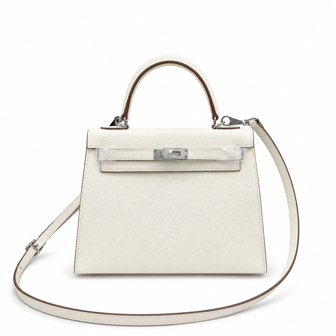 Kelly Sellier 25cm & 28cm Craie Epsom Leather Palladium Hardware Women Luxury — Streamlined Top-Handle Handbag