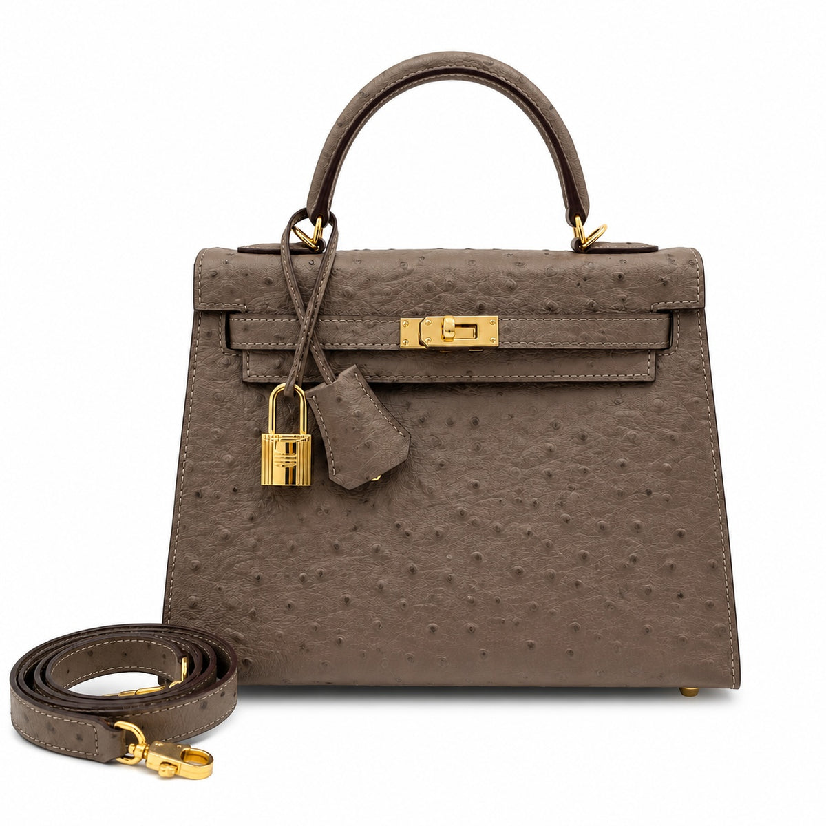 Hermès Kelly Sellier 25 Ostrich Etoupe Gold Hardware — Classic Hand-Carry Silhouette
