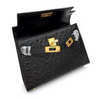 Mini Kelly Sellier 19cm Noir Ostrich Leather Gold Hardware — Sophisticated Small-Scale Bag
