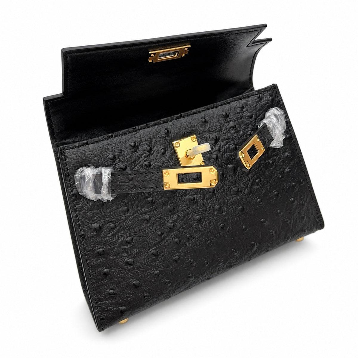 Mini Kelly Sellier 19cm Noir Ostrich Leather Gold Hardware — Sophisticated Small-Scale Bag