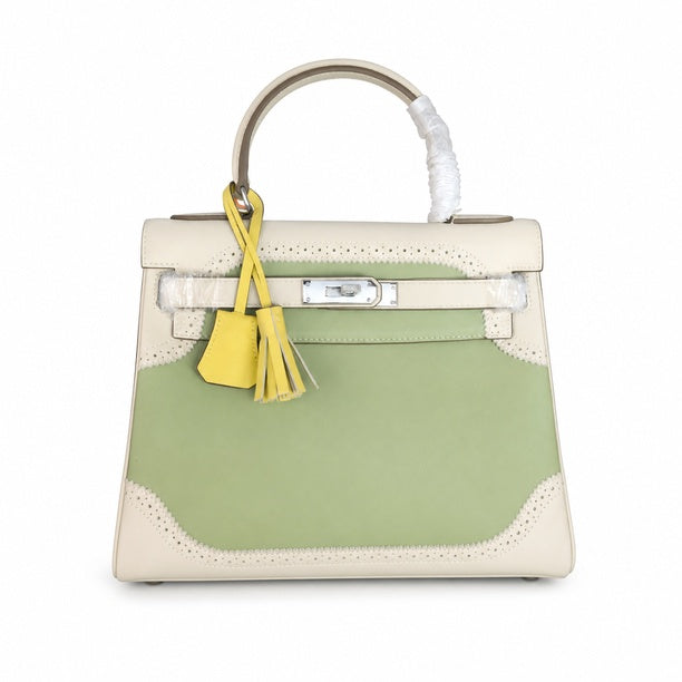 Kelly Sellier Ghillies 28cm Craie & Vert Pomme Barenia Leather Palladium Hardware — Versatile Structured Bag