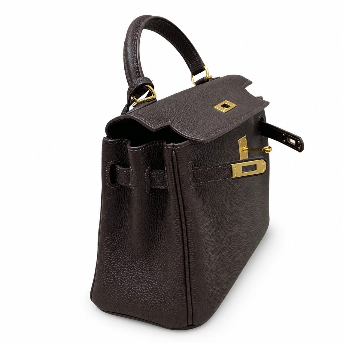 Kelly Sellier 20cm & 25cm & 28cm Marron Foncé Togo Leather Gold Hardware — Structured Top-Handle Handbag