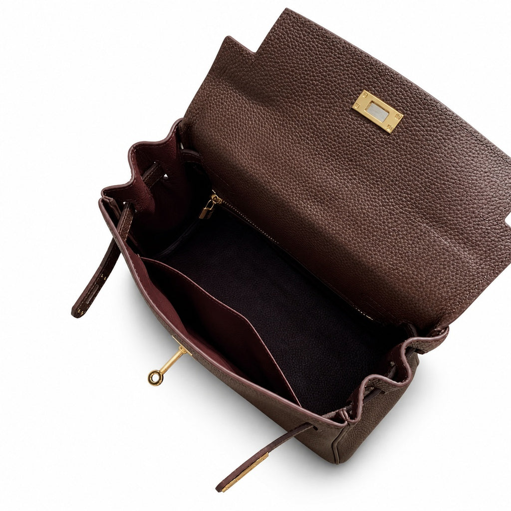 Kelly Sellier 20cm & 25cm & 28cm Havane Togo Leather Gold Hardware — Streamlined Top-Handle Handbag
