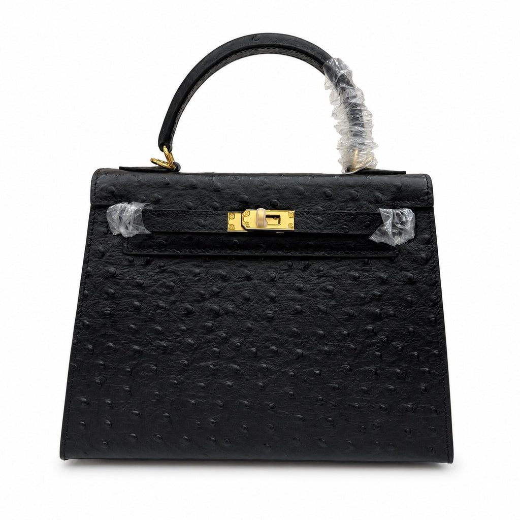 Kelly Sellier 25cm Noir Black Ostrich Gold Hardware Designer Shoulder Tote — Versatile Structured Bag
