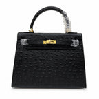 Kelly Sellier 25cm Noir Black Ostrich Gold Hardware Designer Shoulder Tote — Versatile Structured Bag