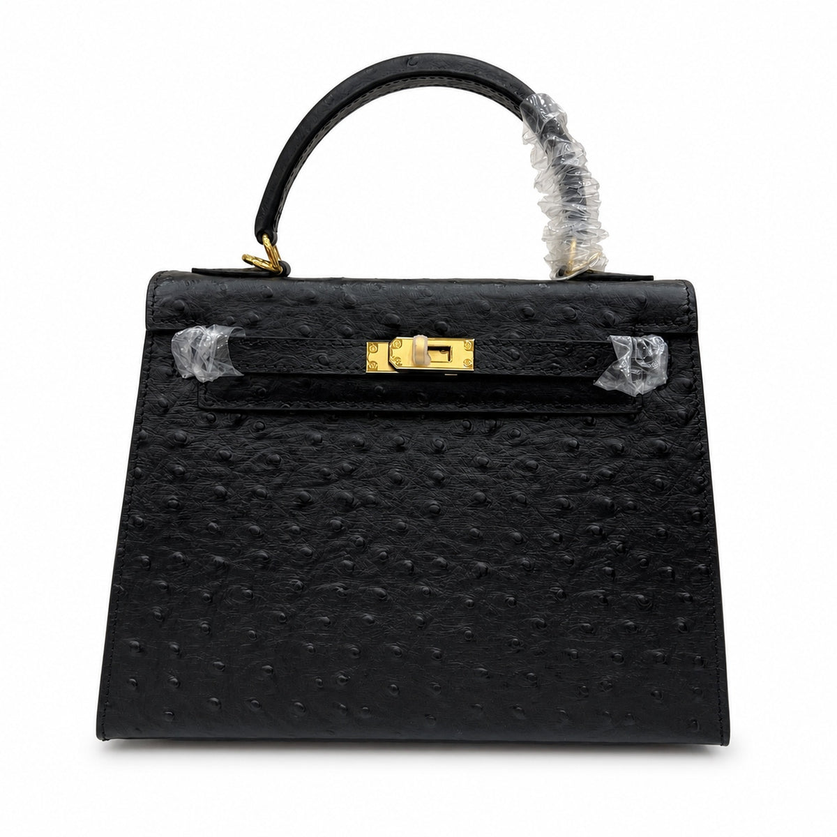 Kelly Sellier 25cm Noir Black Ostrich Gold Hardware Designer Shoulder Tote — Versatile Structured Bag