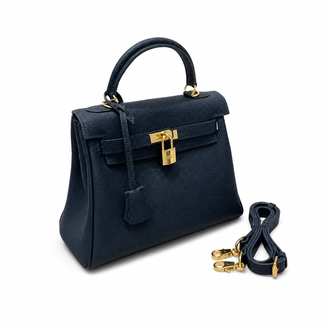 Kelly Sellier 20cm & 25cm & 28cm Bleu Nuit Togo Leather Gold Hardware — Timeless Top-Handle Design