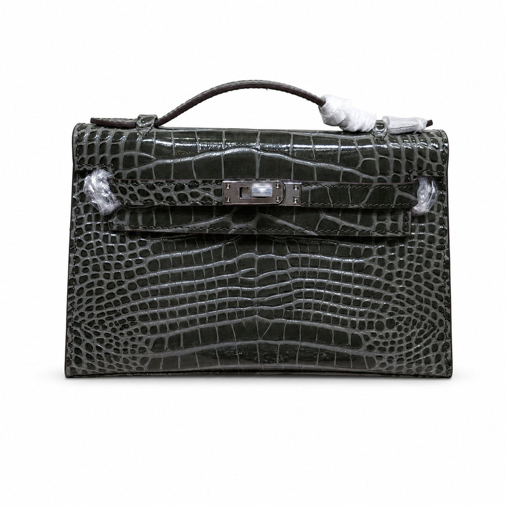 Kelly Pochette Gris Elephant Shiny Niloticus Crocodile Leather Palladium Hardware & Palladium Hardware Women Clutch Bag — Refined Small Hand-Carry Bag