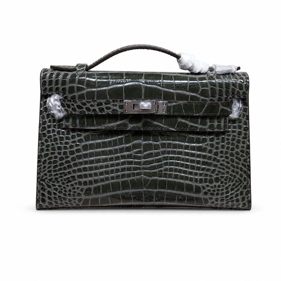 Kelly Pochette Gris Elephant Shiny Niloticus Crocodile Leather Palladium Hardware & Palladium Hardware Women Clutch Bag — Refined Small Hand-Carry Bag