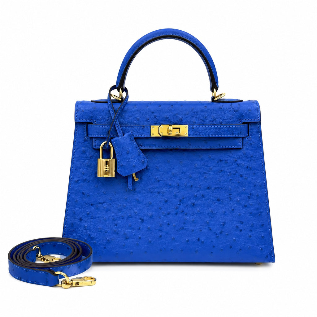 Kelly Sellier 25cm Bleu Electrique Ostrich Gold Hardware Premium Crossbody Purse — Structured Top-Handle Handbag