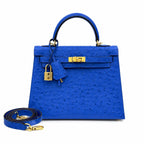 Kelly Sellier 25cm Bleu Electrique Ostrich Gold Hardware Premium Crossbody Purse — Structured Top-Handle Handbag