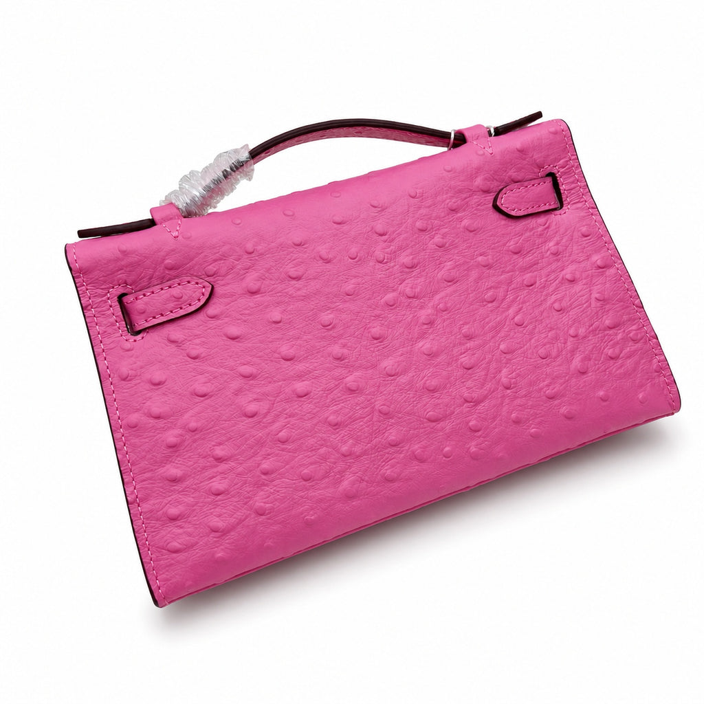 Mini Kelly Sellier 22cm Rose Tyrien Ostrich Leather Gold Hardware — Elegant Compact Carry Style
