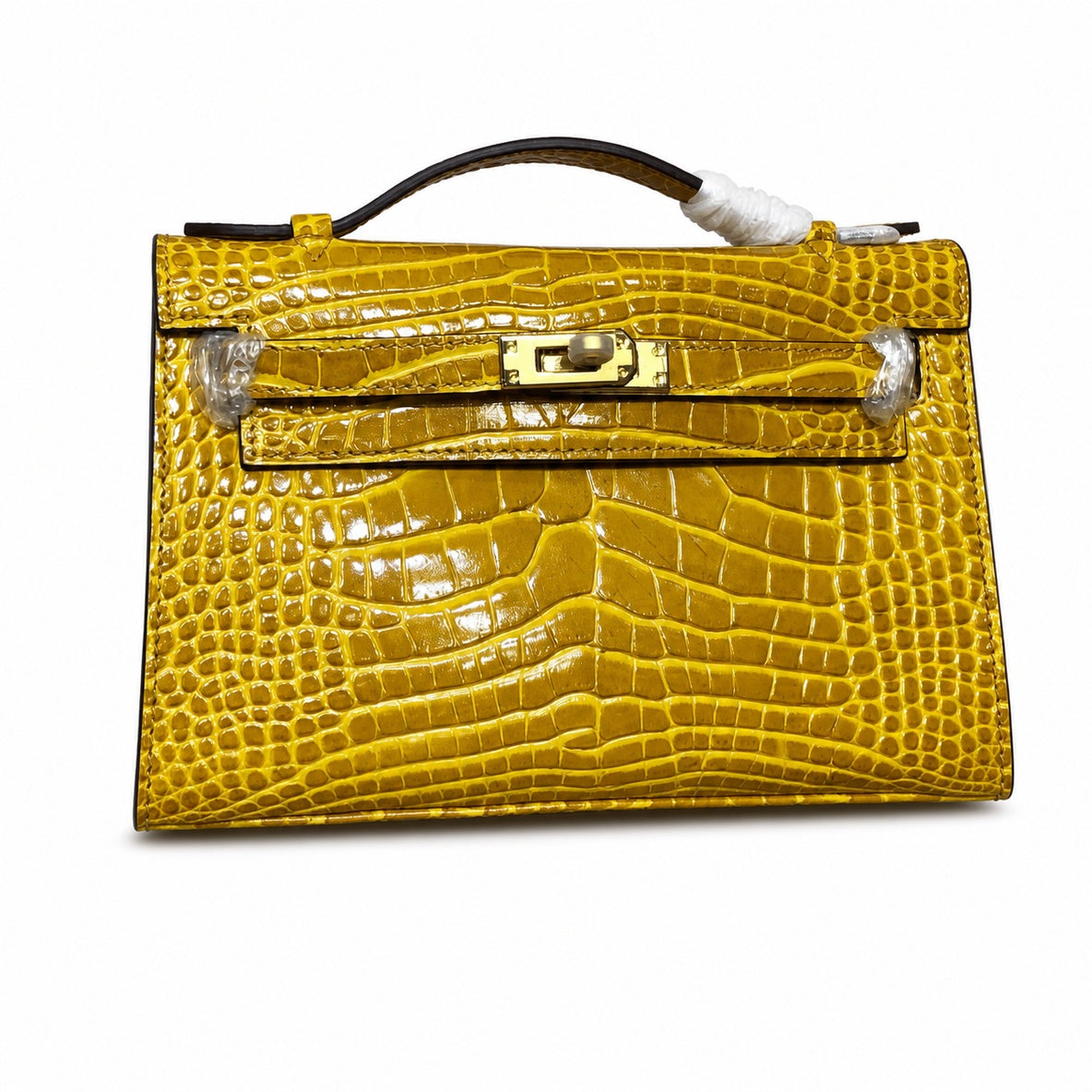 Kelly Pochette Jaune Ambre Shiny Niloticus Crocodile Leather Palladium Hardware Women Clutch Bag — Compact Pochette Clutch