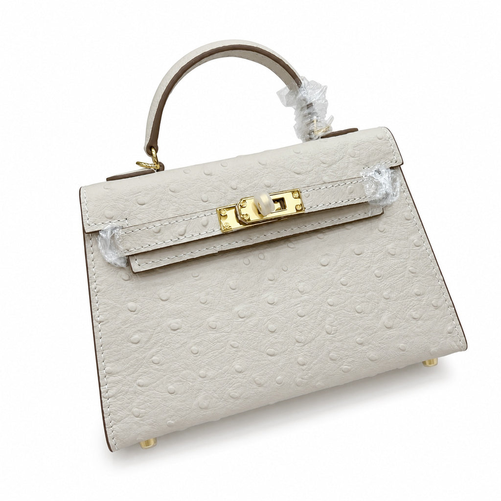 Mini Kelly II 19cm Sellier Craie Ostrich Gold Hardware Premium Women Daily — Compact Top-Handle Bag