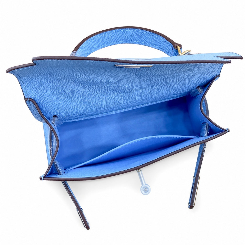 Mini Kelly II Sellier 19cm & 22cm Bleu Brume Epsom Leather Palladium Hardware — Elegant Compact Carry Style