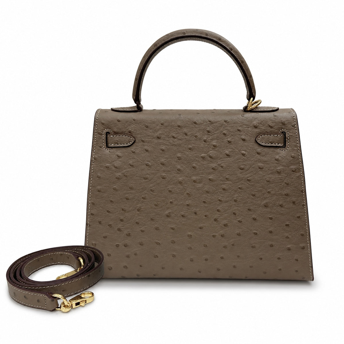 Hermès Kelly Sellier 25 Ostrich Etoupe Gold Hardware — Classic Hand-Carry Silhouette