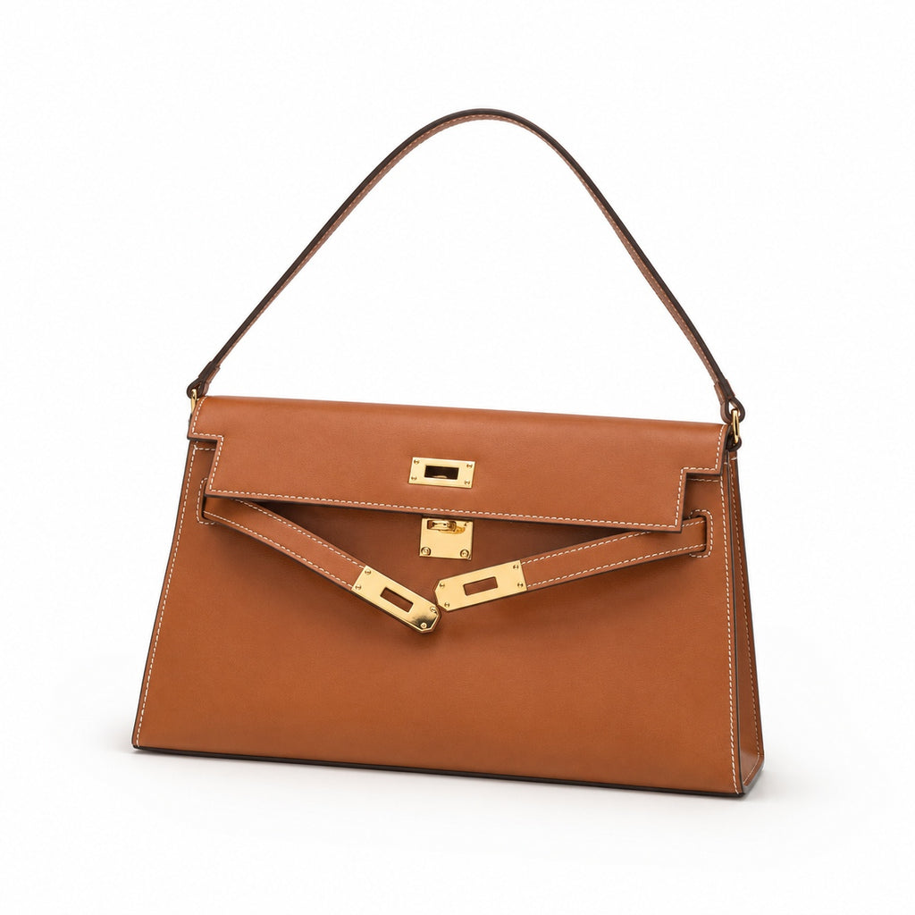Kelly Elan 25x6.5x15cm Underarm Baguette Bag in Brown with Gold Buckle — Distinctive Elongated Handbag