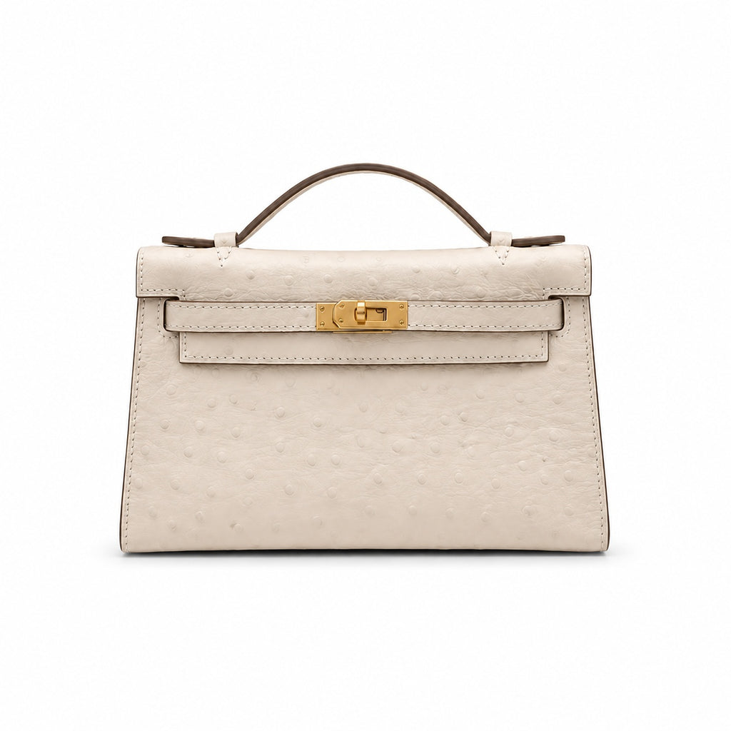 Mini Kelly II Sellier 19cm & 22cm Craie Ostrich Leather Gold Hardware — Timeless Mini Top-Handle Design