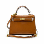 Kelly Sellier 19cm & 22cm & 25cm Gold Box Calf Leather Gold Hardware & Palladium Hardware — Distinctive Hand-Carry Bag