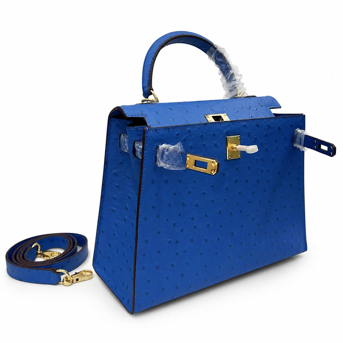 Kelly Sellier 25cm Bleu Electrique Ostrich Gold Hardware Premium Crossbody Purse — Structured Top-Handle Handbag