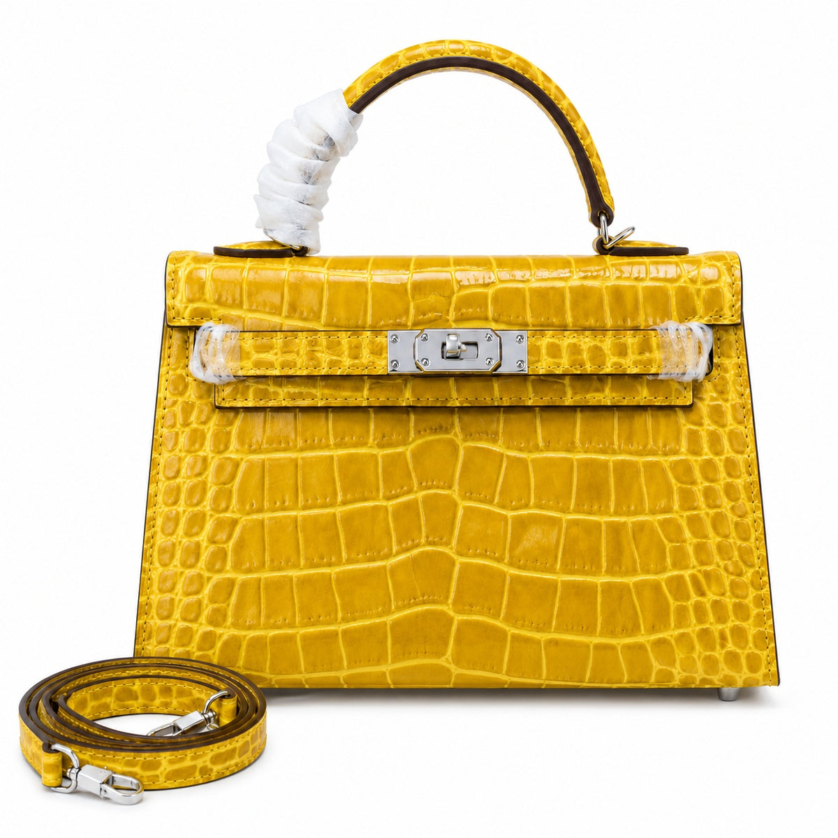 Kelly Sellier 19cm Jaune Ambre Shiny Crocodile Leather Gold Hardware & Palladium Hardware — Structured Top-Handle Handbag