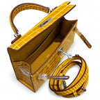Kelly Sellier 19cm Jaune Ambre Shiny Crocodile Leather Gold Hardware & Palladium Hardware — Structured Top-Handle Handbag