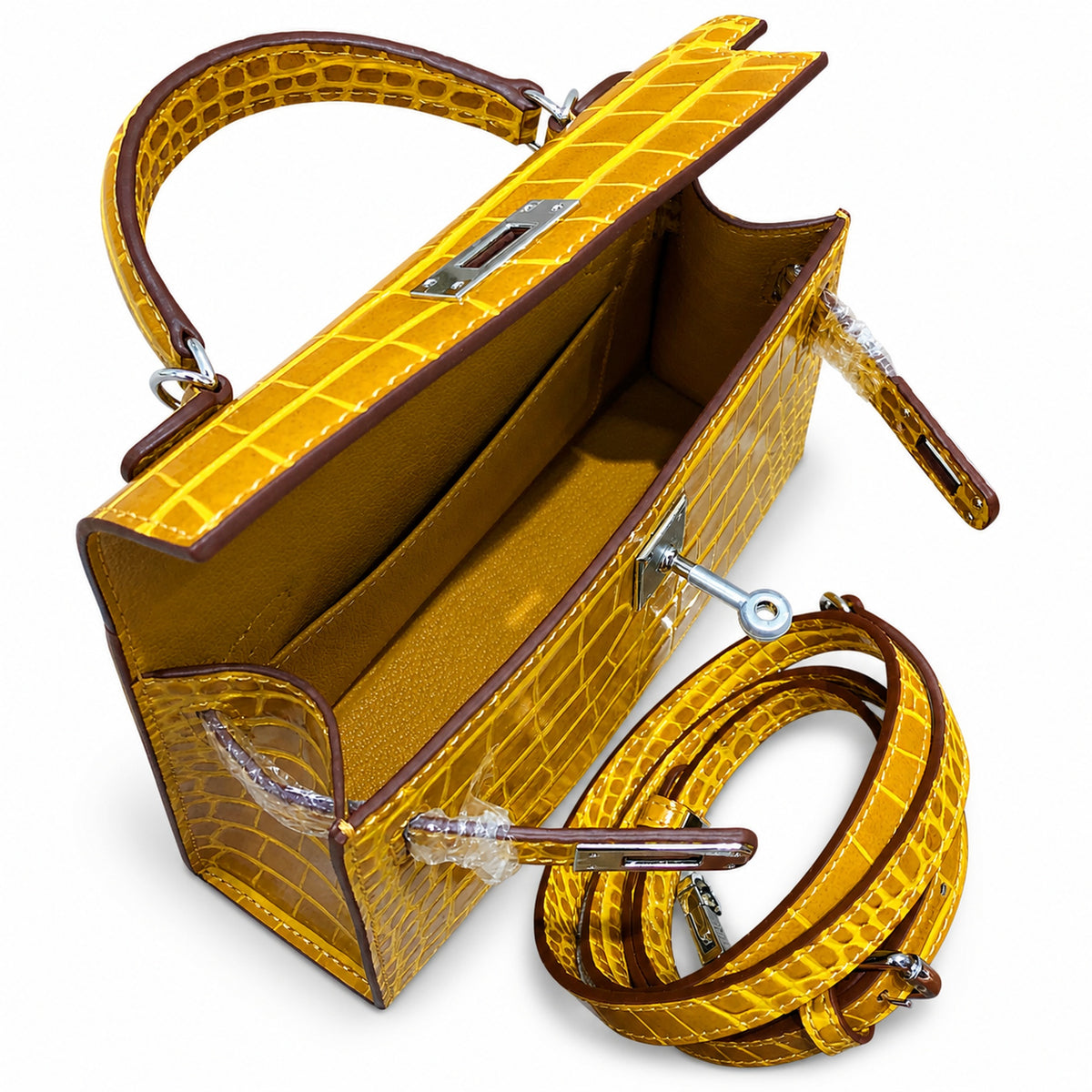 Kelly Sellier 19cm Jaune Ambre Shiny Crocodile Leather Gold Hardware & Palladium Hardware — Structured Top-Handle Handbag