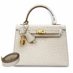 Kelly Sellier 25cm Craie Ostrich Gold Hardware Premium Women Shoulder Purse — Streamlined Top-Handle Handbag