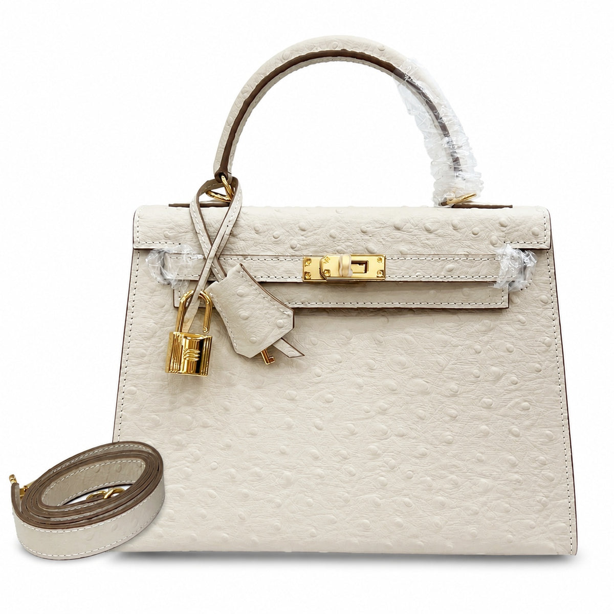 Kelly Sellier 25cm Craie Ostrich Gold Hardware Premium Women Shoulder Purse — Streamlined Top-Handle Handbag